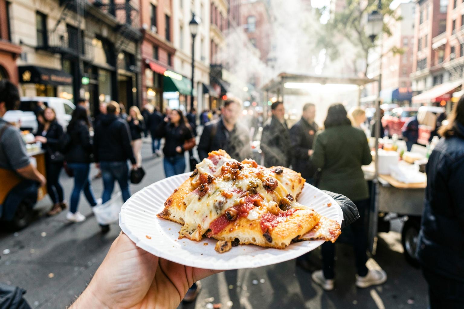 A classic New York pizza slice held over a busy Manhattan sidewalk