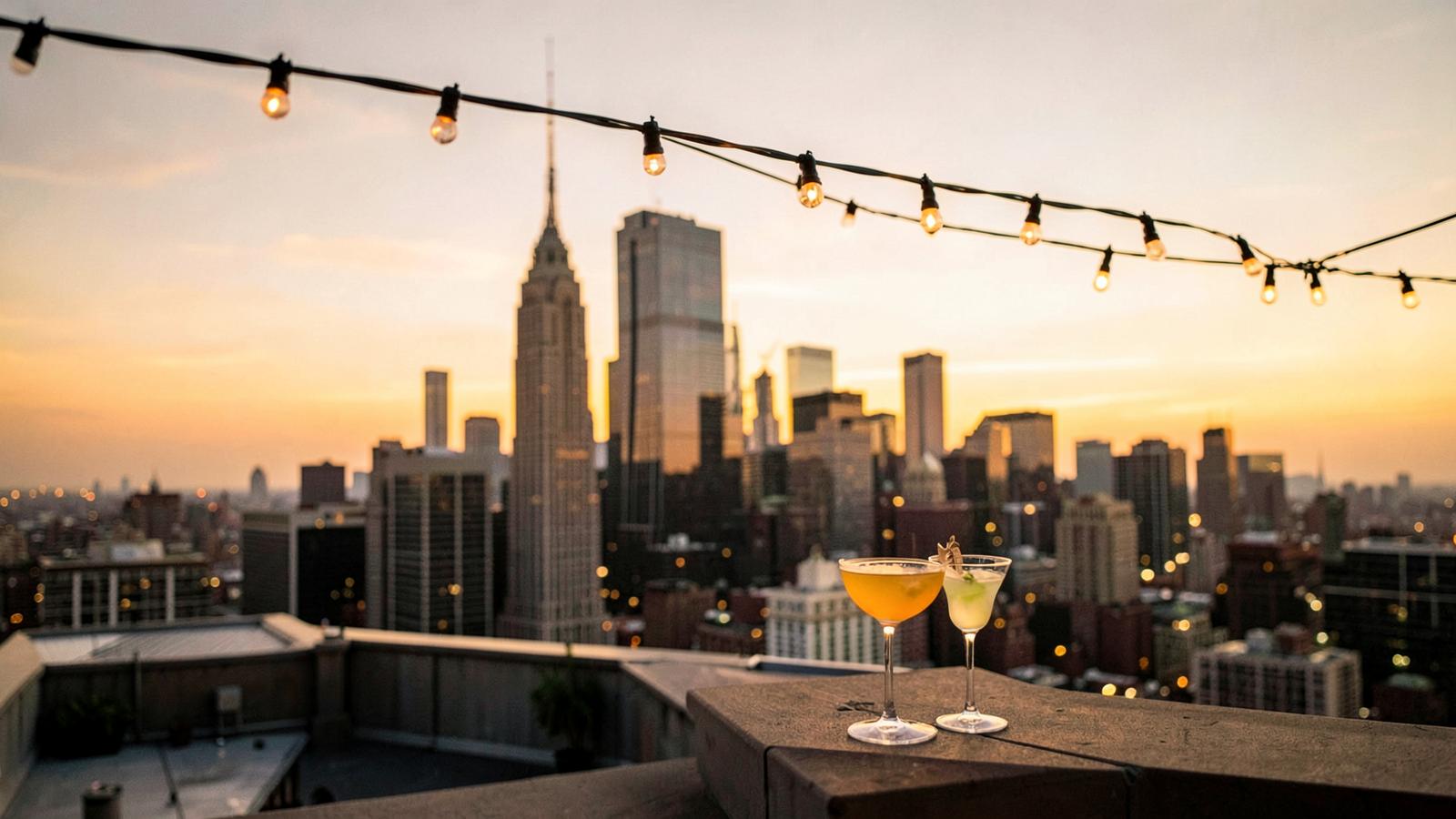 Manhattan skyline at golden hour seen from a rooftop terrace with cocktails
